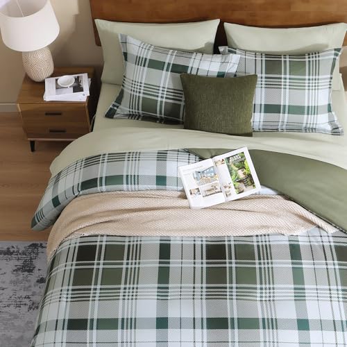 Image of MaiReve Plaid Queen Comforter Sets Olive Green, Classic Farmhouse Bedding Set Bed in a Bag 7 Pieces, Lightweight All Season Comforter Set with Fitted & Flat Sheet, Pillowcases & Shams
