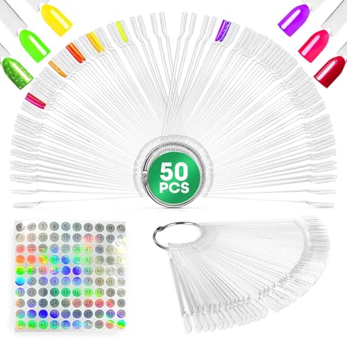 50 Pcs Clear Nail Swatch Sticks - Transparent Acrylic Swatches for Gel Polish - Practical Tools for Color Matching with Numbered Tips & Metal Ring | Compatible with Accessories and Silk Nail Wrap