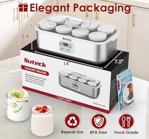 Image of Suteck Yogurt Maker with 8 Glass Jars - Time & Temp Adjustable, Homemade Greek & Probiotic Yogurt, Automatic Shut-Off, BPA-Free, Total 48 oz, White