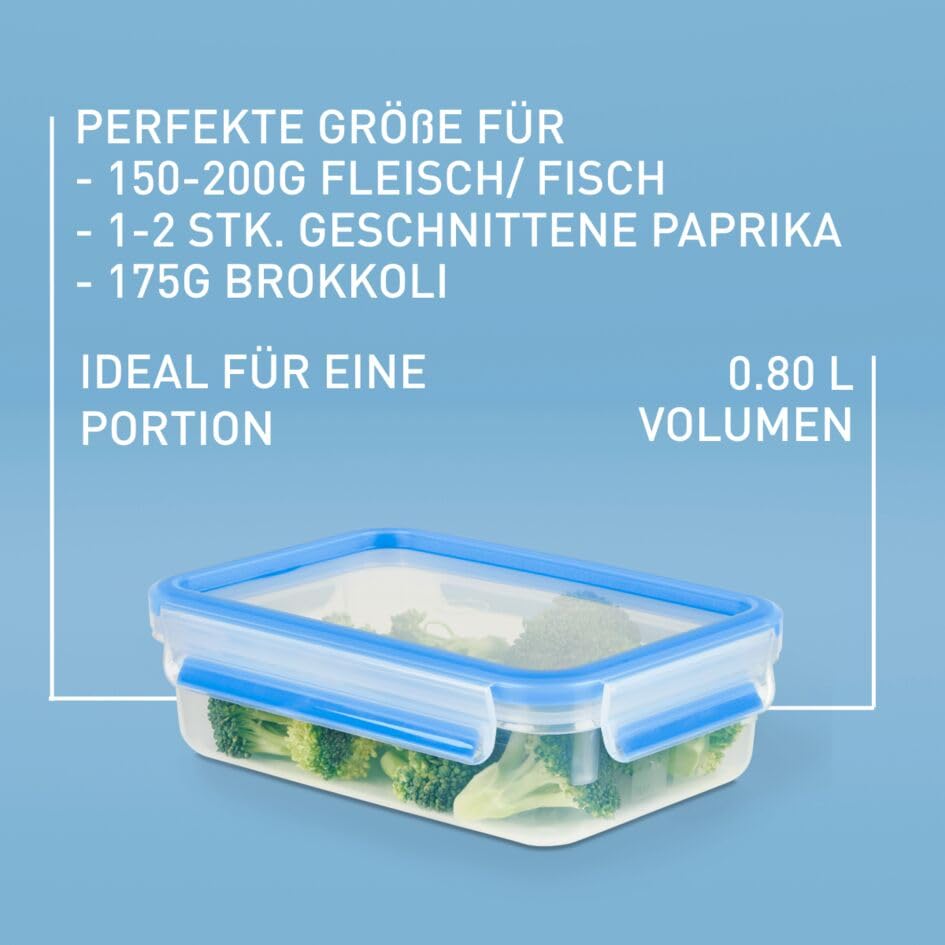 EMSA Clip & Close Frischhaltedosen-Set, rechteckig, 5 X 0,8 L, Aufbewahrungsboxen, 100 Prozent dicht, spülmaschinen-, gefrier-, mikrowellenfest, Transparent, Blau, Made in Germany, N10307
