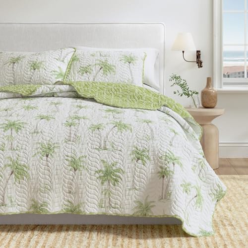 Image of Great Bay Home 3-Piece Full /Queen Microfiber Quilt Set with Shams - Reversible Coastal Print, Lightweight, Layerable Bedding Set - Nautical Bedspread for All Seasons (West Palm Trees)