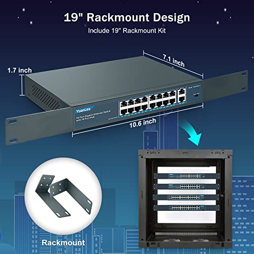 Image of YuanLey 16 Port Gigabit PoE Switch with 2 Gigabit Uplink, 16 PoE+ Port 1000Mbps, 250W 802.3af /at, Metal Desktop /Rackmount, Unmanaged Plug and Play Network Switch