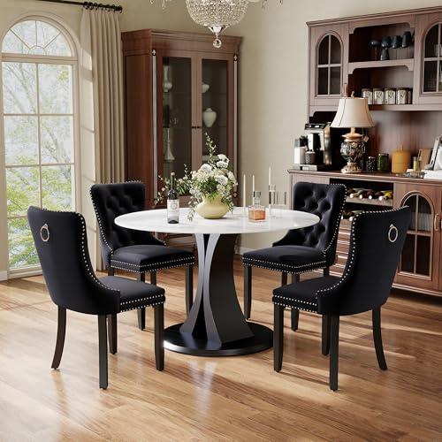 Image of 5-Piece Dining Table Set with 39In Faux Marble Table and 4 Velvet Upholstered Chairs, Modern Scandinavian Furniture for Dining Room Kitchen(Black)