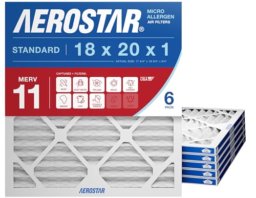 Aerostar 18x20x1 MERV 11 Air Filter, 6 Count, ACTUAL SIZE (17.50 x 19.50 x 0.75), HVAC, Air Conditioning & Furnace Filter for Dust, Pet Dander, Smoke & Allergies (MPR 1200 / FPR 7), Made in USA