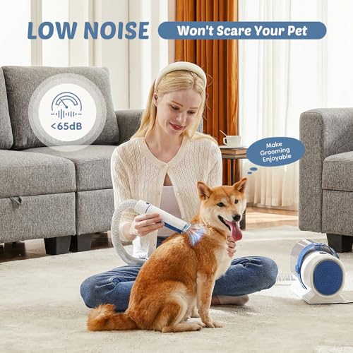 Image of DUMOS Pet Grooming Vacuum Kit 2.5L, 3 Adjustable Suction Modes Pet Clipper, 5 Professional Grooming Tools with Cordless Low Noise Dog & Cat Hair Clippers, Blue & White