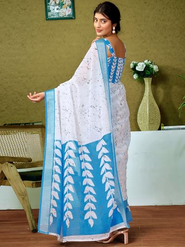 Image of Satrani Women's Linen Printed & Zari Border Ready To Wear One Minute Pre Pleated Readymade Saree with Unstitched Blouse Piece