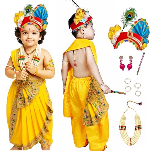 Image of Sarvda Shree Krishna Dress for Baby Boy & Radha Dress for Girls | Janamashtami Dress | Fancy Dress Costume with Accessories Dhoti, Dupatta, Mukut Flute Complete set, Ethnic wear