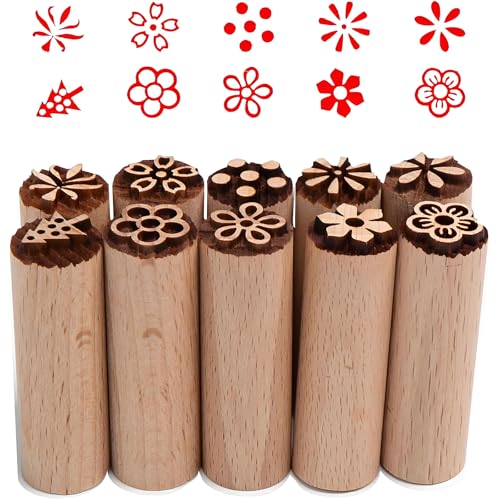 Yuiturt 10 pcs Wooden Pottery Stamps, Natural Column Wood Stamps with Flower, Patterns for DIY Pottery, Scrapbook, Card Making, Crafts, Cookie and Mooncake