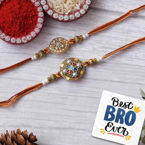 Image of eCraftIndia Set of 2 Floral Pearls Designer Rakhis, Best Bro Ever Fridge Magnet with Roli Chawal Pack - Rakhis for Brother, Bhabhi, Kids