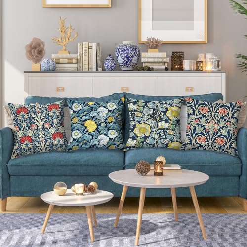 HOSTECCO Floral Cushion Covers 45x45 cm Pack of 4 Botanical Flowers Art Pillow Covers Vintage Farmhouse Decorative Pillow Cases for Sofa Couch Bed
