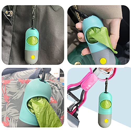 2 Pack Dog Poop Bag Dispenser with Built-in LED Flashlight, Pet Waste Bag Holder for Leash with Carabiner Clip for Lead Leash, 2 Rolls Leak-proof Doggy Waste Bags for Dog Walking, Blue,Eliamo