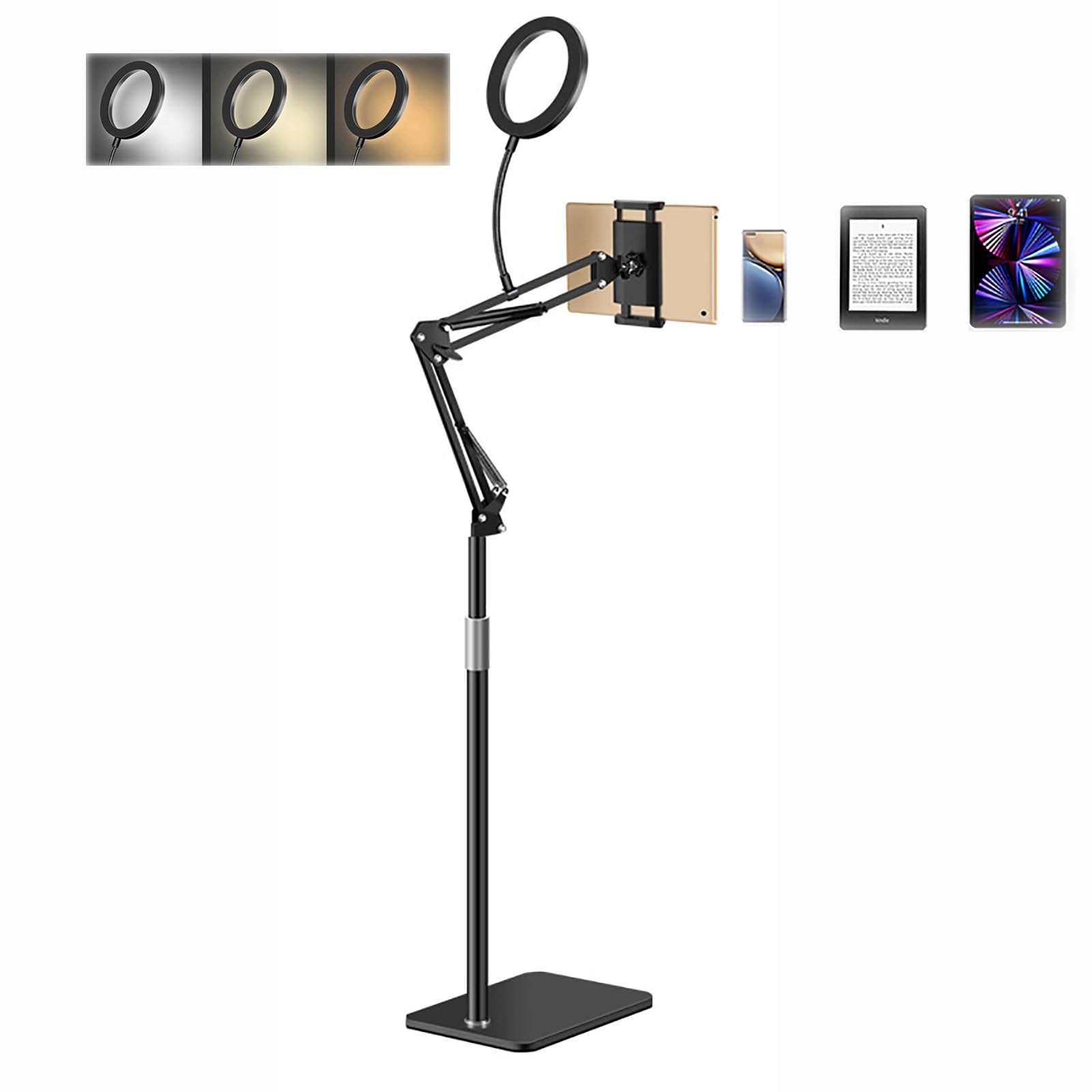 Support Tablette sur Pied avec Éclairage D'appoint, Porte Téléphone, Ebook Stand, Hauteur Réglable