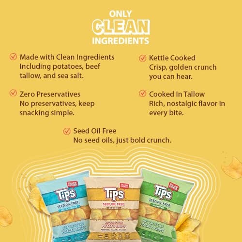 Image of TIPS Potato Chips - Snack Pack - Tallow Cooked - Seed Oil Free & Gluten Free - Kettle Style Potato Chips Made with Potatoes, Beef Tallow, and Sea Salt (5oz 4 Pack, Variety Pack)