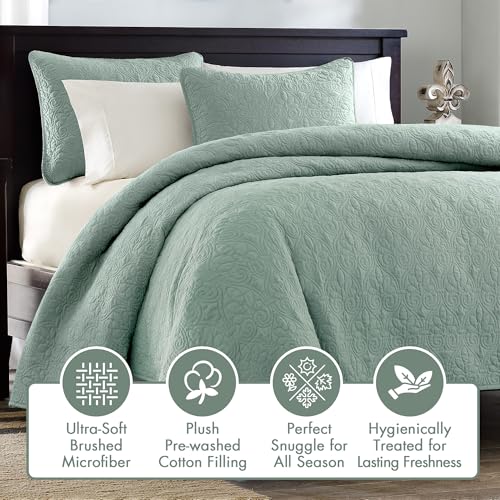 Image of Madison Park Luxurious Cotton Damask Quilt Set, 3PC King /Cal King Bed Set | All Season, Lightweight Stitching Coverlet Bedspread Bedding Stitching with Shams, seafoam