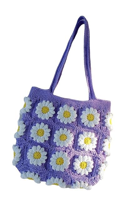 Crochet Granny Square Daisy Bag – Handmade SunFlower Design Purple Tote Bag | Vintage Style Shoulder Purse with Magnetic Lock