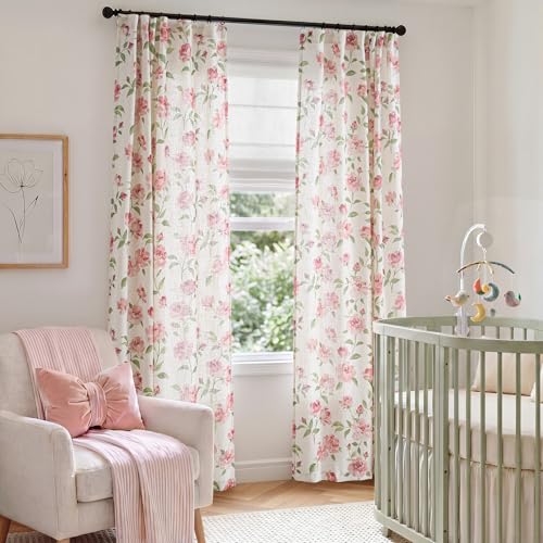 Image of jinchan Pink Floral Linen Curtains 84 Inch Cottagecore Back Tab 2 Panels | Light filtering drapes, semi sheer, farmhouse, watercolor, romantic, living room, bedroom, rod pocket, window treatment