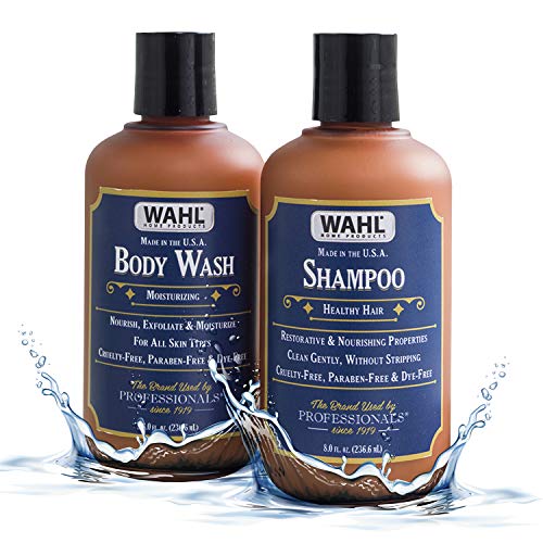 WAHL Wahl Body Wash & Shampoo Shower Combo Kit with Essential Oils for Men – Restorative, Nourishing, Exfoliating & Moisturizing with Meadowfoam Seed Oil, Clove Oil & Moringa Oil