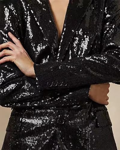 Women Suits 2 Piece Shiny Sequin V Neck Jacket Blazer Pants Sets for Prom Dinner Party4
