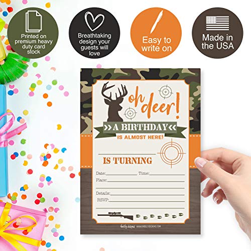 Image of Hadley Designs Kids Birthday Invitations For Boys Camo Theme - 25 Deer Hunting Birthday Party Invitations For Boys, Camouflage Oh Deer Invites For Boy, Cute Hunting Party Supplies, Made In USA