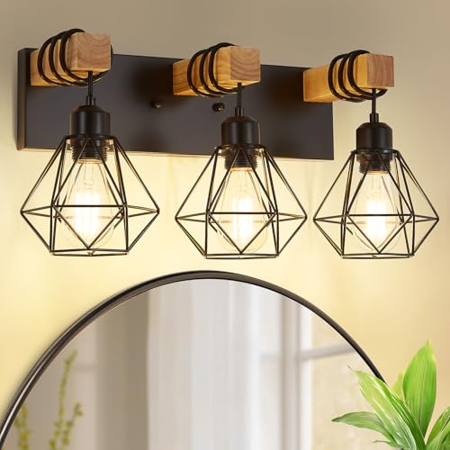 3-Light Wood Vanity Light Fixture Over Mirror, Black Farmhouse Ba...