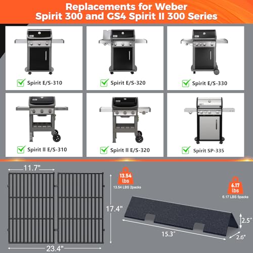 QuliMetal 44,5 cm Grillroste und 38,9 cm Aromaschienen für Weber Spirit 300 und GS4 Spirit II 300, passend für Spirit E-310, E-315 mit Frontbedienung, Ersatz für Weber 7639, 7636