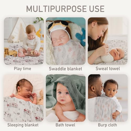 Image of GLLQUEN BABY Receiving Blanket Boy Cotton Muslin Swaddle Blankets Girl Newborn Squares Breathable & Soft Thin Baby Blankets Cloths Double Absorbent Infant Swaddling Wrap - 6 Pack (Pine Tree & Train)