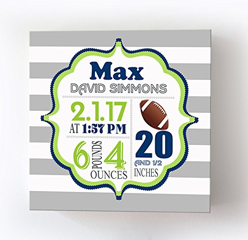Personalized Stretched Canvas Birth Announcement Gift, Custom Baby Name, Date, Weight Stats, Newborn Football Nursery Wall Art Decor, Wooden Frame Construction, Ready to Hang 24X24