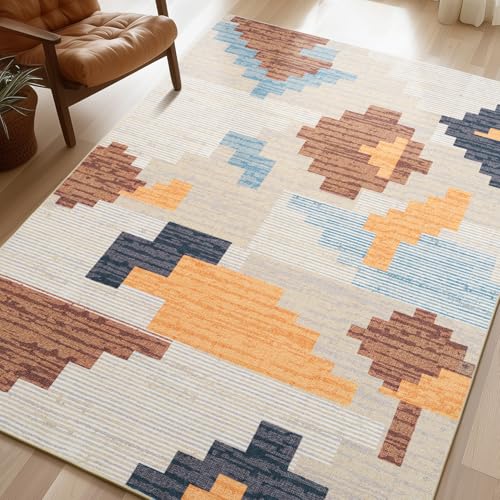 Phantoscope Washable Area Rug 5'x7' Non-Slip, Modern Neutral Boho Rugs for Living Room, Bedroom, Dining Room, Abstract Geometric Blocks Pattern, Low-Pile Foldable Floor Carpet, Warm Terracotta/Cream