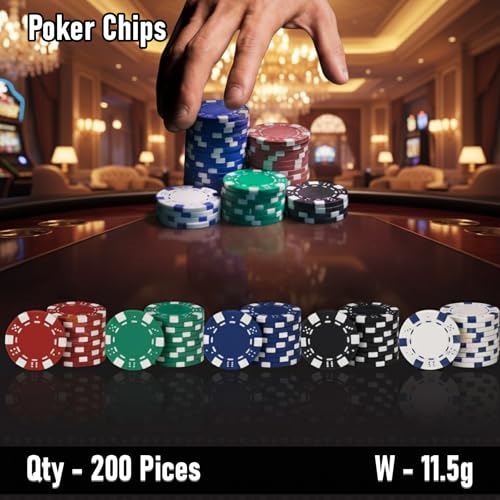 Image of WISHKEY Poker Chips Set 200 Pieces Non-Printed Casino Style Double Injection Iron Core Chips Heavyweight 11.5g Rupees Value Poker Tokens for Casino & Home Games