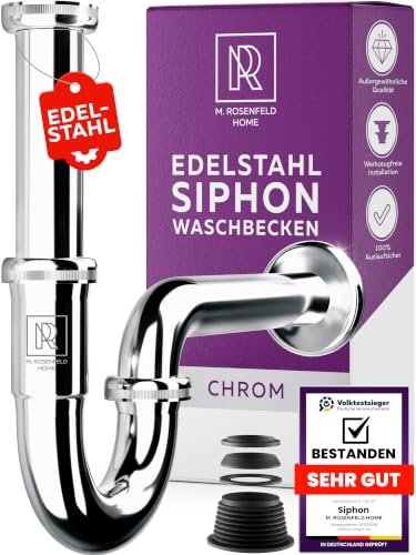 M. ROSENFELD HOME Siphon Waschbecken – Universal Röhrensiphon 1 1/4" für Waschtisch im Bad  Geruchsverschluss mit Abflussrohr  Komplettset mit Dichtungen & Rosette