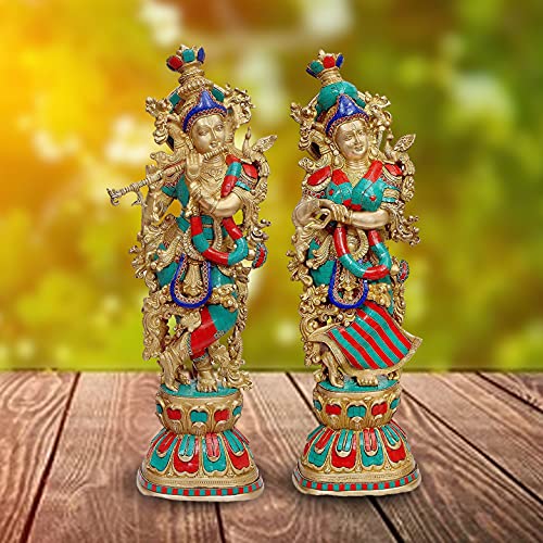 Image of AONA Brass Pair of Radha Krishna - Big Size - Brass Radha Krishna Kishan Murti Idol Statue Sculpture (29 inch) (Big Radha Krishna) (Orange), Idol