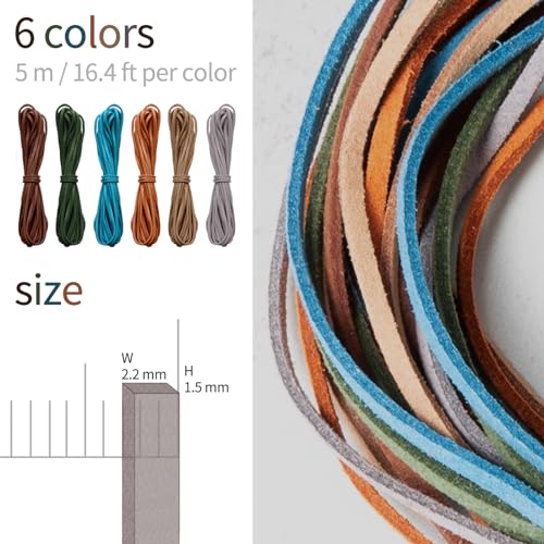 6 Bündel x 5 Meter Kunstwildlederschnur, 2,2 mm Kunstlederschnur, Flache Perlenschnur, weiche Halskette/Armbandschnur, mehrfarbiges Wildlederband für Geschenkverpackungen, Schmuckherstellung (Mature)