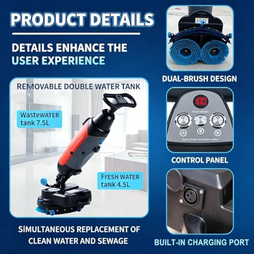 Image of Commercial Floor Scrubber And Buffer, 17 Inch Battery Powered Floor Polisher Machine With 360 Degree Rotation, 350 RPM Motor, 2.3 Gal Tank, 13000 Sqft Coverage For Hard Floor Cleaning