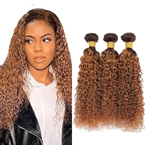 Heiowuio Brazilian Remy Hair Bundles Human Hair Extension T430 Ombre Brown Kinky Curly Unprocessed Cheveux humains Tissage Brazilianne Real Human Hair 3...