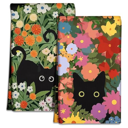 AstraGlam Torchons en Microfibre – 2 torchons de Cuisine 45 x 66 cm, Serviettes printanières avec Motif de Chats et de Fleurs, Doux & absorbants, Design...
