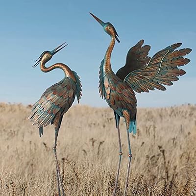Oritty Crane Statues for Garden Decor, Metal Yard Art Heron Garden Statues, Standing Garden Sculptures & Statues for Yard Decorations Outdoor, 38-42 Inch Set of 2, Copper