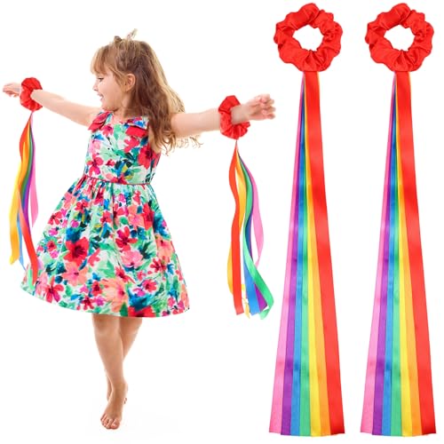 Image of VioraWhite 2 Pcs Rainbow Dance Ribbons for Kids Rainbow Rhythm Ribbons Elastic Wrist Streamers Hand Held Rhythm Streamers Gymnastics Dance Party Props for Adult Decor (0.8 x 19.7 Inch,Red)