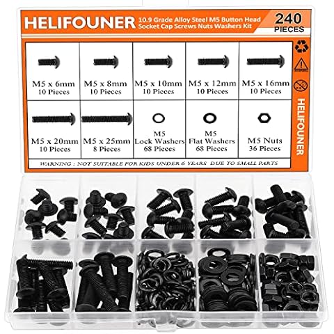 HELIFOUNER 240 Pieces M5 x 6mm /8mm /10mm /12mm /16mm /20mm /25mm, Button Head Socket Cap Screws Bolts Washers Nuts Kit, 10.9 Grade Alloy Steel, Full Threaded, Black Cover