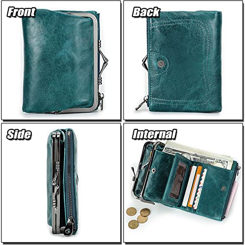 Small Bifold Wallet for Ladies, RFID Blocking Card Holder, Women's Genuine Leather Coin Purse with Kiss-Lock Pocket2