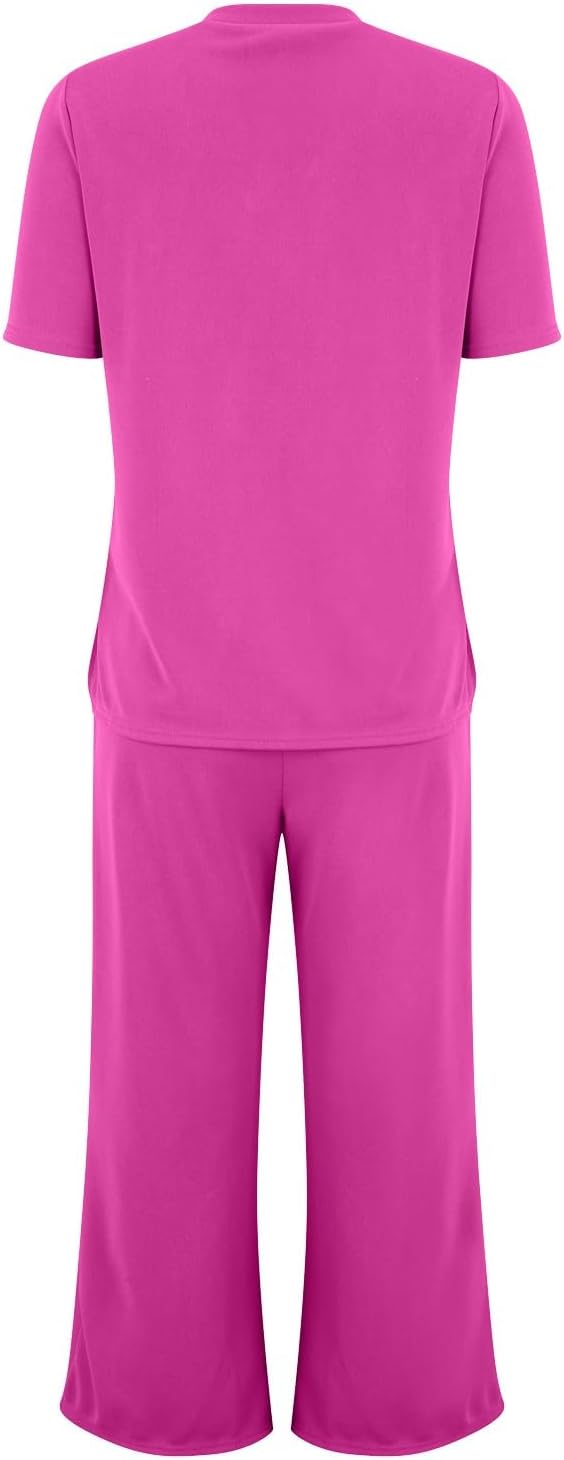 Pants Sets for Women 2 Piece Outfits Flowy Pleated Front Scooped Neck Short Sleeve Tops and High Waist Flared Pants Set