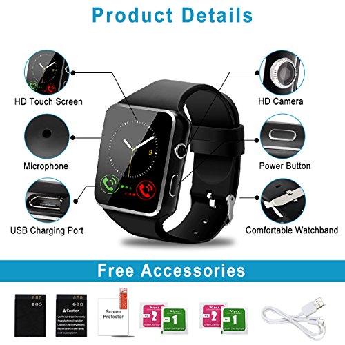 Pradory Smart Watch,Android Smartwatch Touch Screen Bluetooth Smart Watch for Android Phones Wrist Phone Watch with SIM Card Slot & Camera,Waterproof Sports Fitness Tracker Watch for Men Women Black