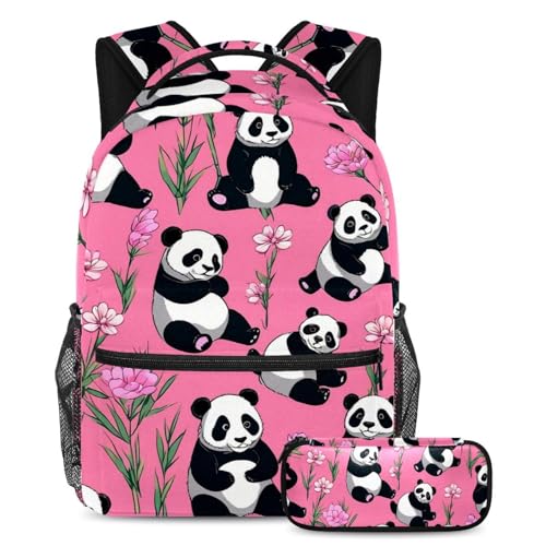 Sac à dos panda rose avec trousse assortie pour l'école et le collège