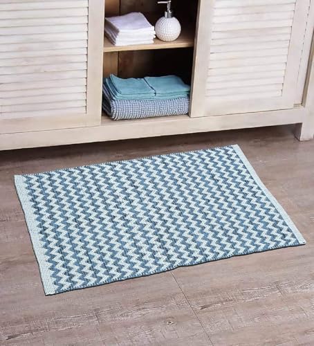 Image of THE HOME TALK Zig Zag Cotton Area Rug - Carpets Suitable for Living Room, Bedroom, Dining Room, Home Decor - Handcrafted Traditional Rectangular Rugs - Non-Skid | 2' X 5' - Ash Blue