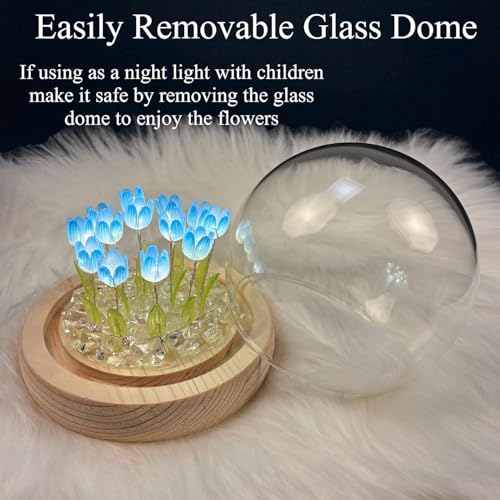 Image of XERGY DIY Glass Dome Flower Lamp - Romantic Tulip Night Light with 18 Flower, Wooden Base | Warm Ambient Decorative Light for Bedroom, Living Room, Gifts - Blue