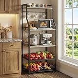 SunnyFurn Kitchen Bakers Rack, 5 Tier Coffee Bar Station with 2 Large Wire Basket, Microwave Stand with 8 s-Shaped Hooks, Open Kitchen Storage Shelves for Spices, Pots and Pans, Black & Gray