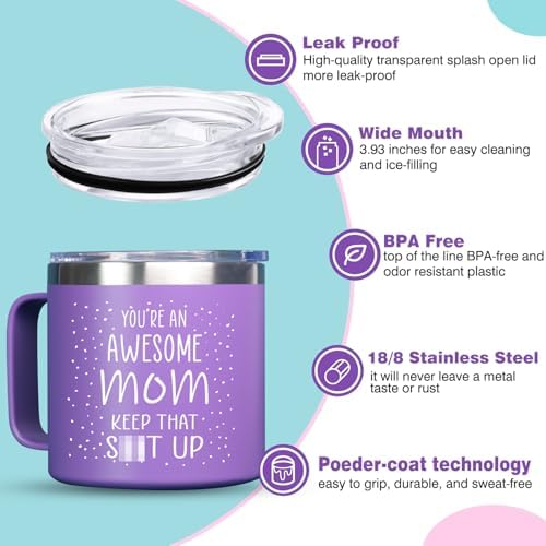 Gifts for Mom, Birthday Christmas Gifts for Mom, Grandma, Daughter from Daughter, Son, Husband, Best Friend - Funny Unique Coffee Mug Purple Tumbler - You’re an Awesome Mom Keep that Sh*t Up