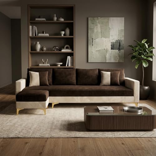 Image of Classiq Rich 5 Seater L Shape Sofa Set with Movable Ottoman | Flexible Layout | Spacious Soft Touch Seating | Designer Sofa for Living Room (Dark Brown & Cream)
