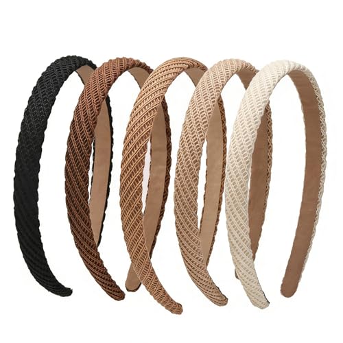 Lahnie 5 Pack Thin Headbands for Women, No Pressure No Headache Comfortable Hairbands Non Slip Skinny Knitted Headbands for Women's Hair, Cute Neutral Color Hair Accessories