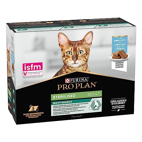 Purina Pro Plan Comida Húmeda para Gato Esterilizado Adulto Terrina Bacalao, 10 Sobres de 75g