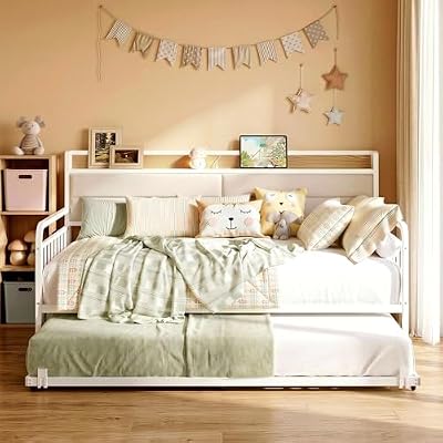 LIKIMIO Twin Daybed with Trundle, Metal Bed Frame with Charging Station & Headboard Shelf, 700lbs Capacity, Space-Saving Guest Sleepover Bed for Bedroom, Living Room, White